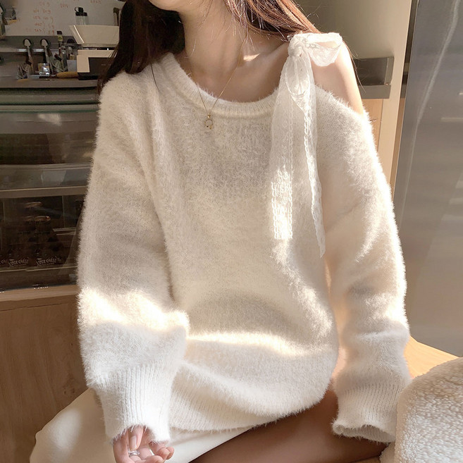 SOSISI 여성 앙고라 레이스 오프숄더 니트 스웨터 W10135