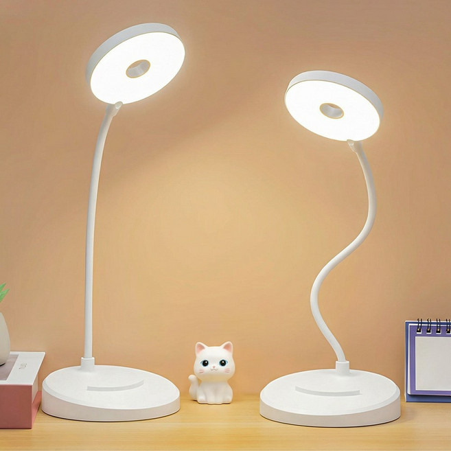 HUIJII 휴대용 원형 터치 학습용 LED 스탠드 2000mAh 배터리, 화이트