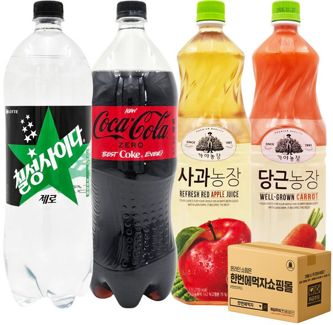 [한번에먹자] 음료수 4종 혼합세트 / 칠성사이다 제로 + 코카콜라 제로 + 당근농장 + 사과농장, 4개, 1.5L