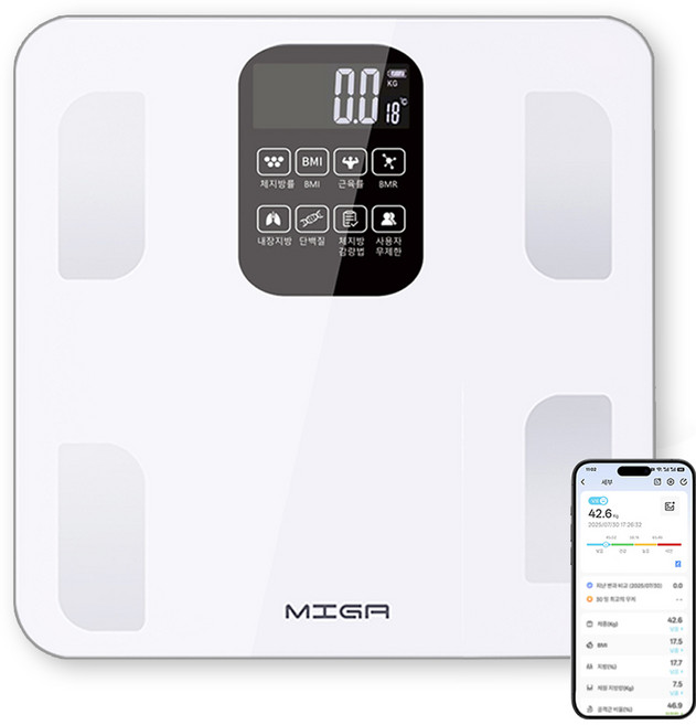 MIGA 스마트 가정용 블루투스 LCD 강화유리 인바디 체지방 체중계, 1개, 화이트, FL5049