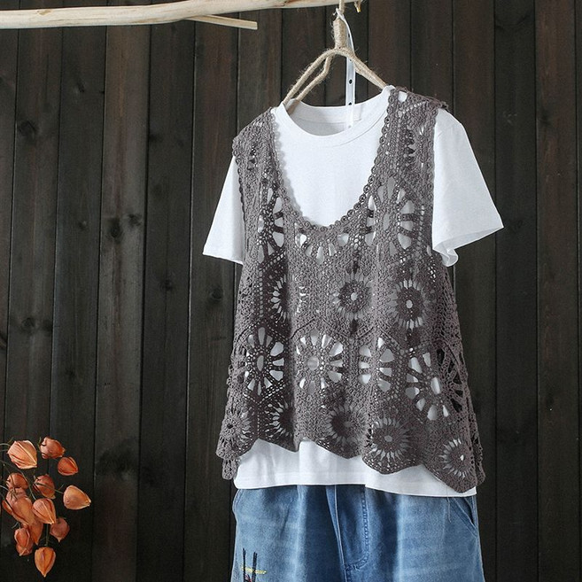 IWMAFT 여성 여름 코튼 크로셰 니트 베스트 루즈핏 민소매 레이어드 포인트 데일리 SQ264