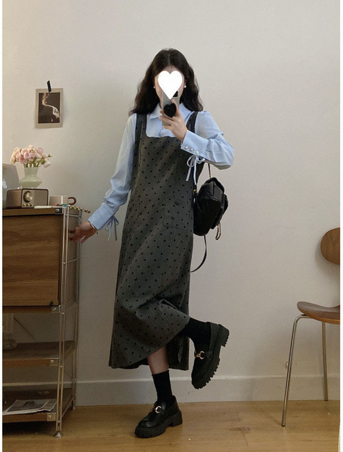 拼接學院風襯衫波點背心裙套裝
