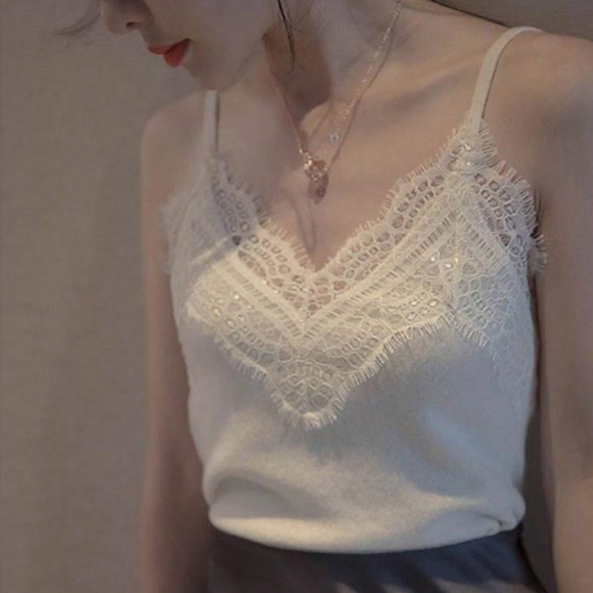 뚱보 여성 레이스 니트 나시 민소매