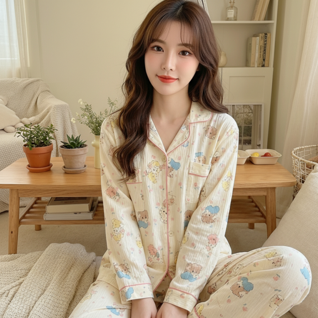 CozyLab 봄가을 여성 수면 잠옷 파자마 상하의 귀여운 고양이 곰돌이