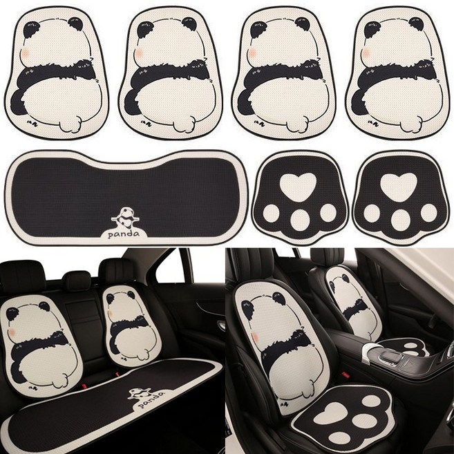AOMIKS 판다 디자인 사계절 통기성 자동차 시트커버 풀세트 앞좌석 뒷좌석 등받이 포함 7종 세트, 블랙, 1세트