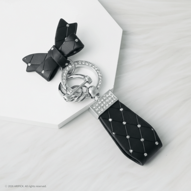 아리픽 리본 큐빅 가죽 키링 백참 여성용 차키홀더 차키열쇠고리 차키링 자동차키홀더, 클래식 블랙, 1개