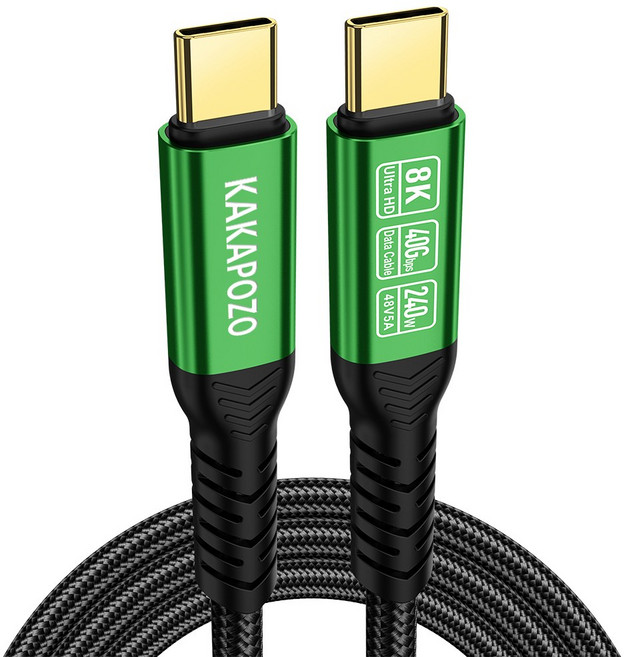 KAKAPOZO USB4.0 C to C 케이블 240W 40Gbps 초고속 충전 데이터 케이블 8K 영상 출력 지원, 블랙/그린, 1.5m