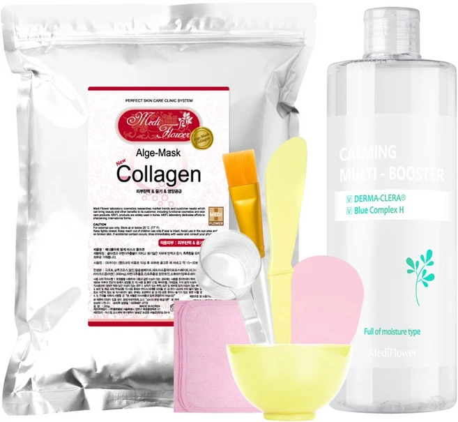 메디플라워 대용량 모델링팩 스타터팩 / 콜라겐 1kg+팩도구 6종+카밍 멀티 부스터 500ml, 1개 - 쿠팡