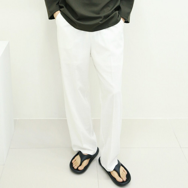 비침없는 남자 린넨 밴딩 흰색 세미 와이드 일자 핏 남성 팬츠 바지