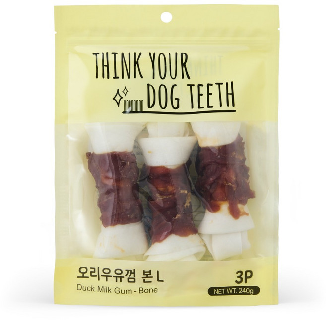 띵독 강아지 오리 우유껌 오래먹는 개껌 이갈이 덴탈껌 치석제거 간식 3p 240g 1개, 혼합맛(오리/우유)