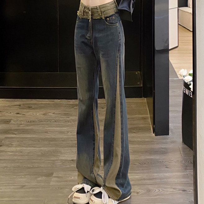 봄 가을 여성 부츠컷 청바지 캐주얼 하이웨이스트 세미 부츠컷 데님 팬츠 기질 슬림핏 나팔 팬츠 WXY