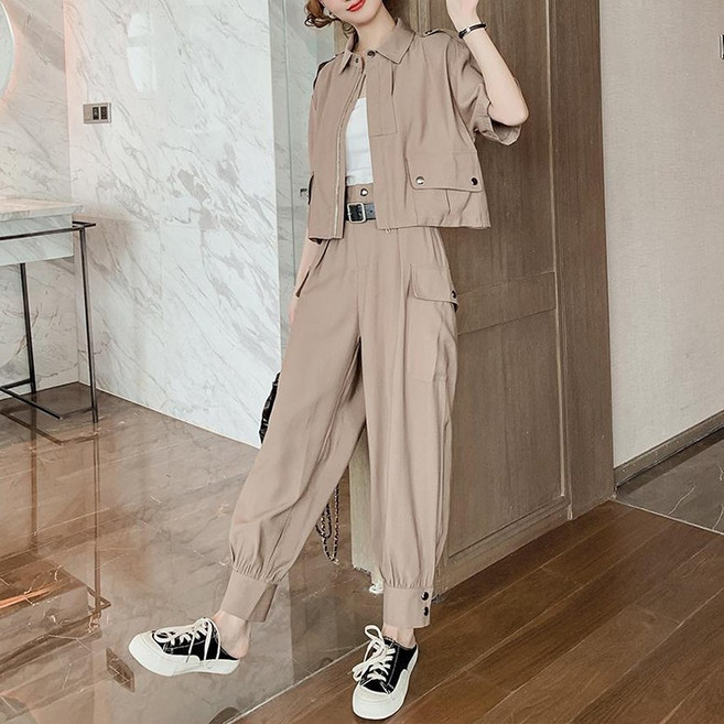 POMTOR 여성 여름 가을 반팔 조거팬츠 캐주얼 카고 투피스