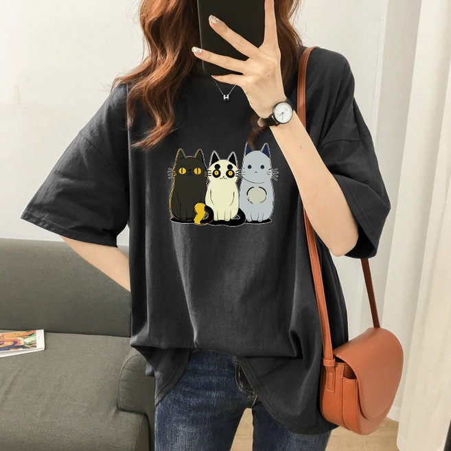 스타일아유 여성 여름용 오버핏 반팔 티셔츠 200g순면 원작 귀여운 고양이 프린트 빅사이즈 M~2XL 루즈핏 반팔티 롱티 자체제작[A3G3TS1725]