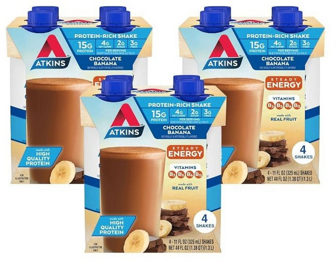 Atkins Best Sellers 단백질 쉐이크 버라이어티 팩 딸기 바닐라 및 밀크 초콜릿 맛 쉐이크 15g 섬유 3g GLP-1 친화적 12개입128822, 11 액량온스 (12팩), 초콜릿 바나나, 1, 325ml