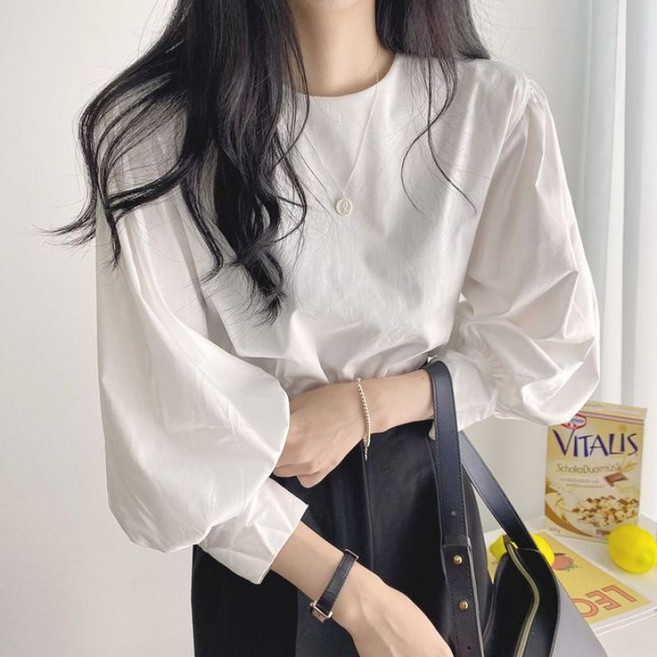 루스리더 여성 라운드넥 블라우스 퍼프소매 긴팔 셔츠 오피스룩 RZS7