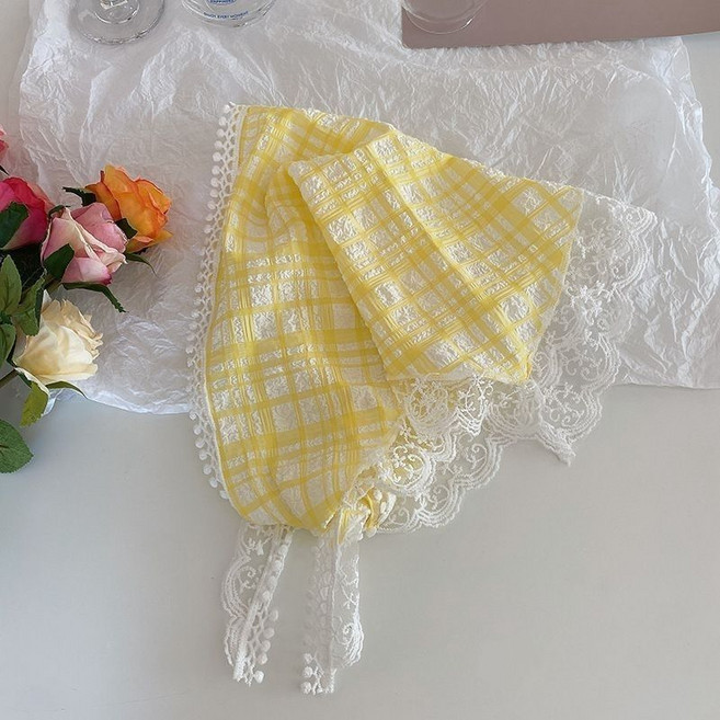 여성 삼각 레이스 스카프 빈티지 체크 레이스 패치 머리 두건 여자 캐주얼 헤어두건 LT