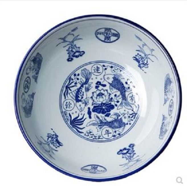 青花魚紋瓷碗, 陶瓷大號青花湯盆龍蝦海鮮串串專用大碗商用餐具福魚碗10寸-口徑25cm, 1個, 單品