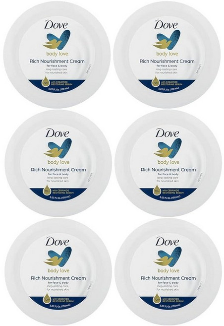 Dove Body Love 리치 영양 크림 페이스 핸드 & 바디 로션 매우 건조한 피부용 빠른 흡수 72시간 모이스처라이징 크림 세라마이드 세럼 포함 140ml(5., 5.07 Fl Oz (Pack of 6)