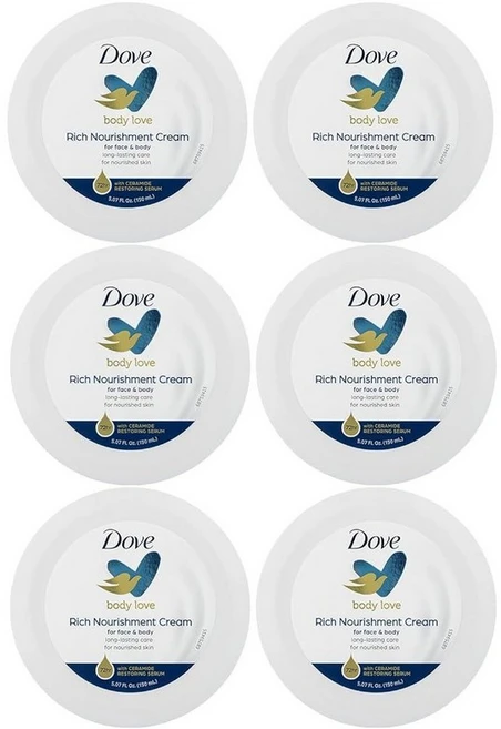Dove Body Love 리치 영양 크림 페이스 핸드 & 바디 로션 매우 건조한 피부용 빠른 흡수 72시간 모이스처라이징 크림 세라마이드 세럼 포함 140ml(5., 5.07 Fl Oz (Pack of 6) - 쿠팡