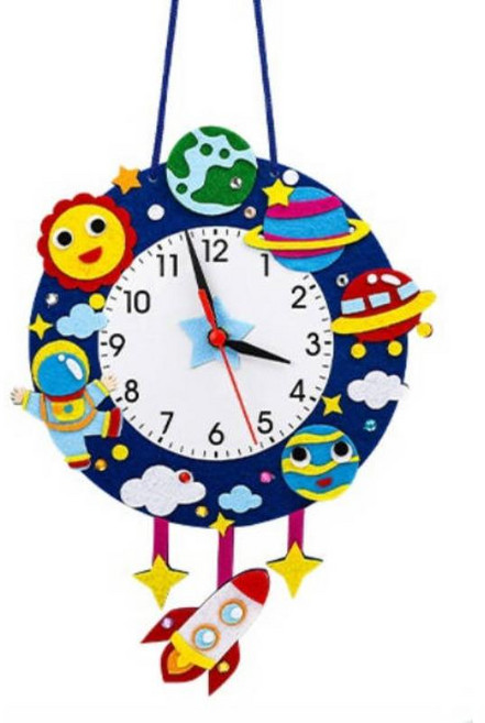不織布DIY卡通掛鐘︱兒童diy 手工製作 鐘錶玩具材料 幼兒園 認識時間教具 材料包 時鐘︱麥手作, C太空(深藍), 1個