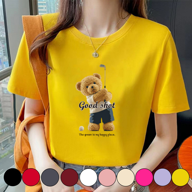 그리내 남여공용 라운드넥 여름 골프 곰돌이 프린팅 시원한 반팔티 커플티 가족티 단체티 동호회 캐릭터 이너 홈웨어 프린팅 티셔츠