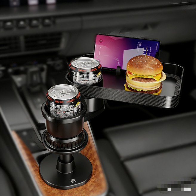 다기능 2in1 차량용컵홀더 360도 회전 가능 차량트레이 식판 겸 핸드폰거치대, 블랙, 1개