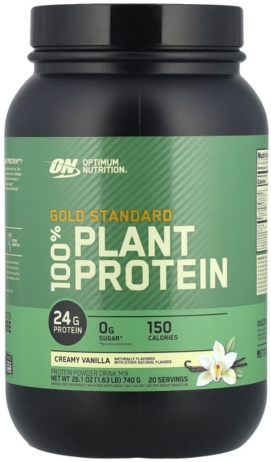 Optimum Nutrition 옵티멈뉴트리션 골드 스탠다드 100% 플랜트 베이스 프로틴 파우더 크리미 바닐라 20회분, 1개, 740g - 쿠팡