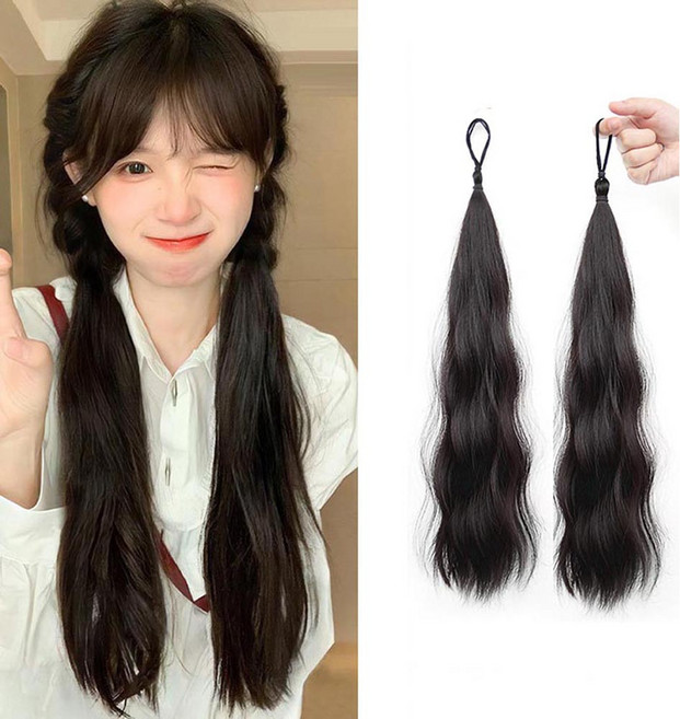 웨이브 긴 머리 부분 가발 머리끈 자연스러운 포니테일 헤어피스, 블랙, 1개