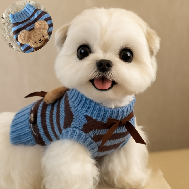 민티아 강아지옷 곰돌이 니트 조끼 사계절, 1개, 블루