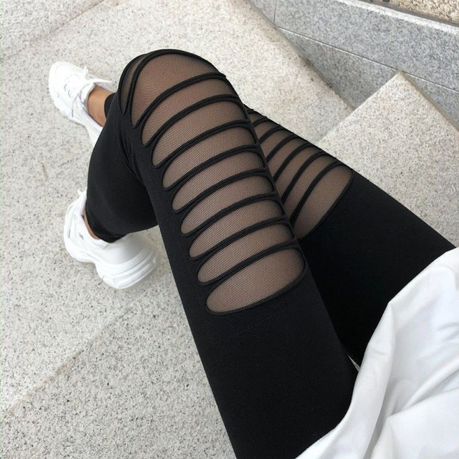 拼接網紗破洞九分褲女 莫代爾薄款外穿緊身褲