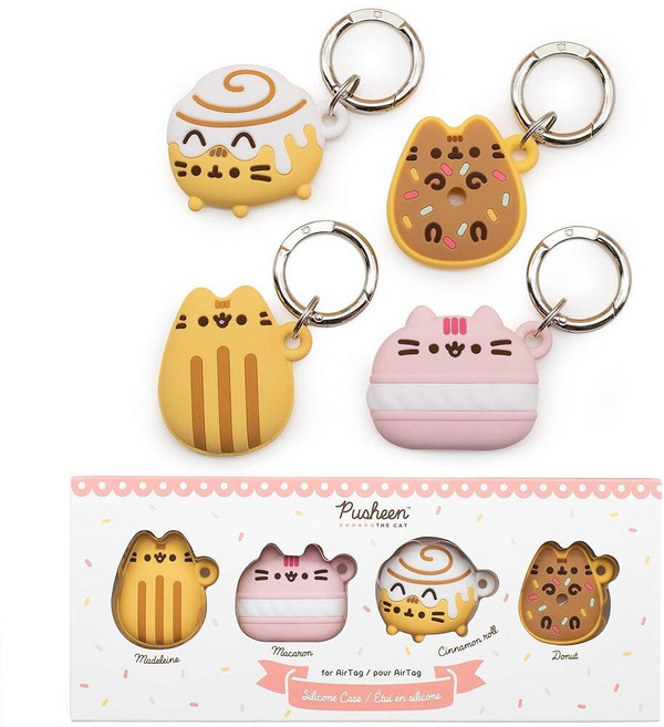 IFace Sanrio Friends 스페셜 에디션 실리콘 보호 커버 [애플 에어태그와 호환 ][귀여운 캐릭터 케이스] [카라비너 키체인 클립 포함] - 헬로 키티, Pusheen - 10.2cm(4인치) 선물 상자 세트, Pusheen - 10.2cm(4인치) 선물 상자 세트