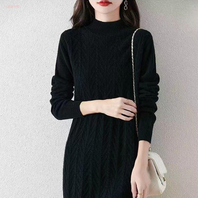 中長款針織毛衣裙女秋冬新款半高領打底連衣裙, 黑色,7XL 建議107.5-115.0公斤