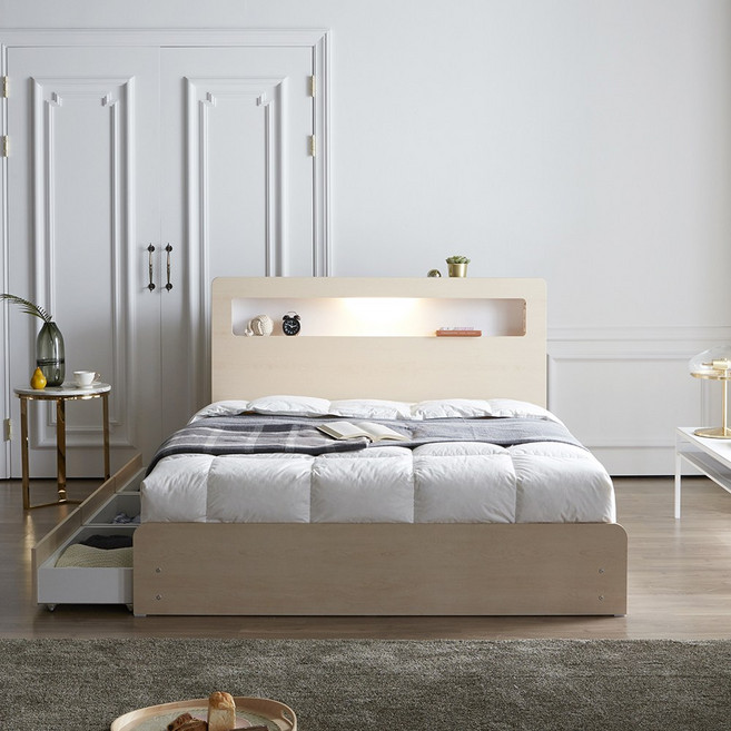 퍼니코 엘로이 LED 조명 수납 호텔침대 프레임 슈퍼싱글 퀸 킹 + 21cm 텐셀 본넬 매트리스 포함, 화이트