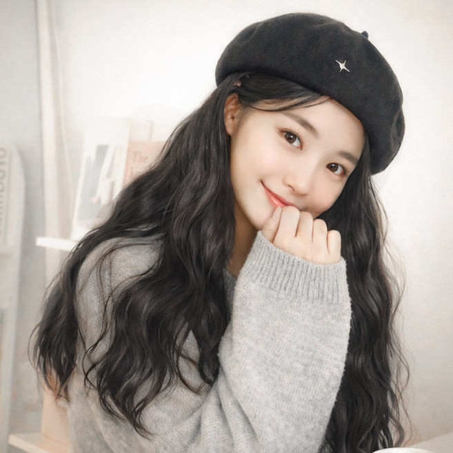 아이루리 롱 캔디 웨이브 베레모 가발 모자 여성스러운 여성가발 일체형 풀커버형 항암 겨울, 1개, 롱캔디웨이브베레모가발 블랙 웜블랙헤어