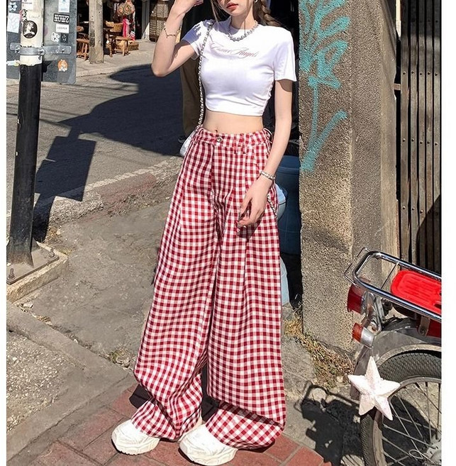 復古高腰闊腿拖地褲