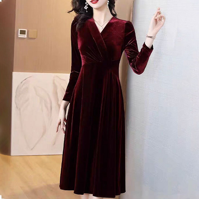 TKX 벨벳원피스 여성용 우아한 긴팔 가을 겨울 V넥 하이웨이스트 결혼식 파티 롱원피스 K37