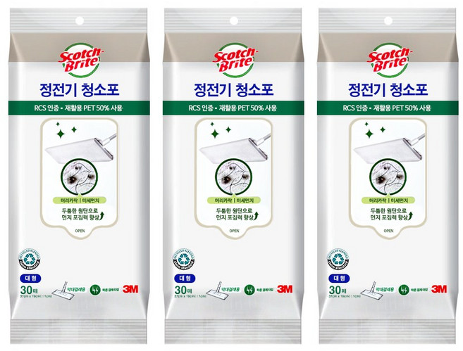 3M 스카치브라이트 손쉬운 먼지 청소 전기 청소포 대형 30매, 3개