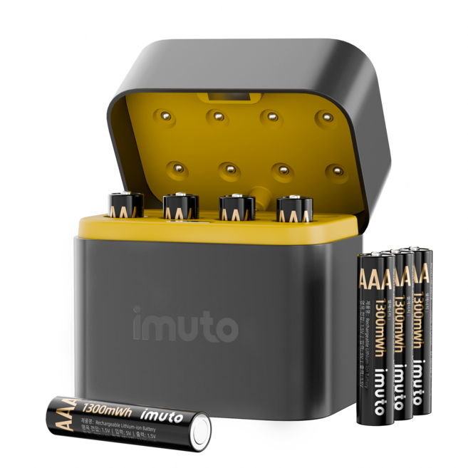 IMUTO 1.5V 리튬 배터리 건전지 충전지 충전기 세트 AAA 1300mWh, 1세트, 8개입