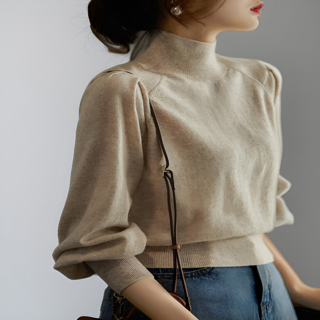 일상애착 여성 반폴라 퍼프소매 반목 니트