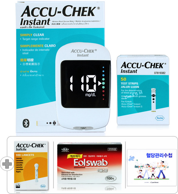 로슈 아큐첵 인스턴트(블루투스) 혈당계+시험지 60매+정품 소프트클릭스 채혈침 110개+알콜솜 100매+채혈기+파우치+수첩, 1개