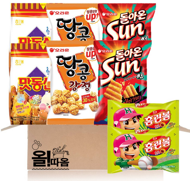 주전부리 스낵 2개씩 기획세트 2호(맛동산165g 2+땅콩강정147g 2+썬135g 2+홈런볼128g 2), 1세트, 1.15kg