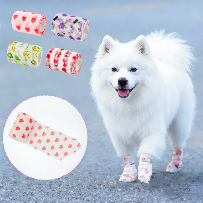 강아지 자가접착 붕대신발 (일회용 산책 방수 더러움 예방 양말) 5개, 1세트, 빨간 하트