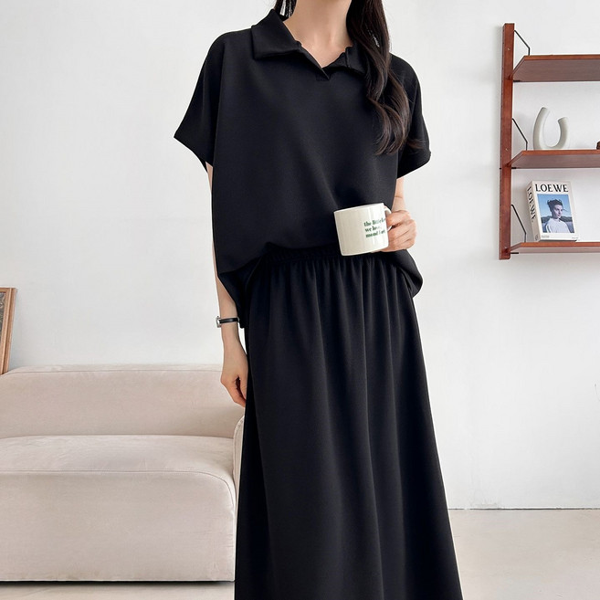 더한땀 여성 반팔 카라티 스커트 상하의 세트 빅사이즈 투피스