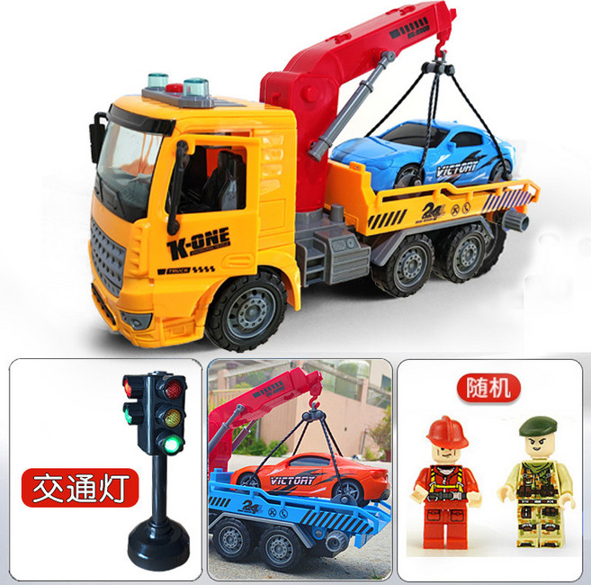 K-ONE 拖板車玩具 兒童大號吊車玩具, 1個, A3-可開門黃色拖車+2人偶+紅綠燈