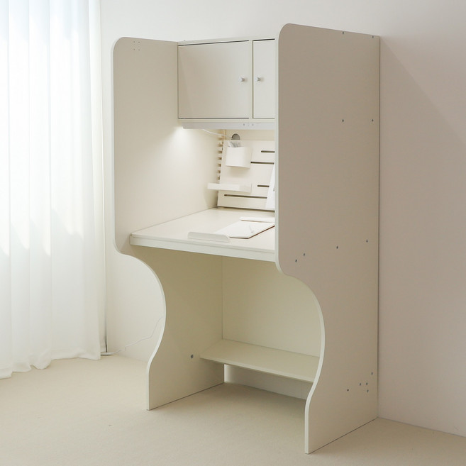 장학생5호 1인 독서실책상 기본형 812 크림화이트, 플라이트 LED 스탠드, 선택안함, 집중력보호 광목커튼