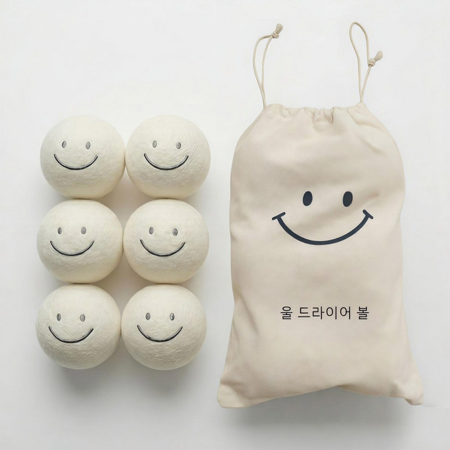 스마일 울 건조볼 세트 대직경 8cm 100% 천연 양모 건조시간 단축 옷 주름 방지 정전기 제거 민감피부 가족용, 1세트, 울볼*6개+파우치*1개