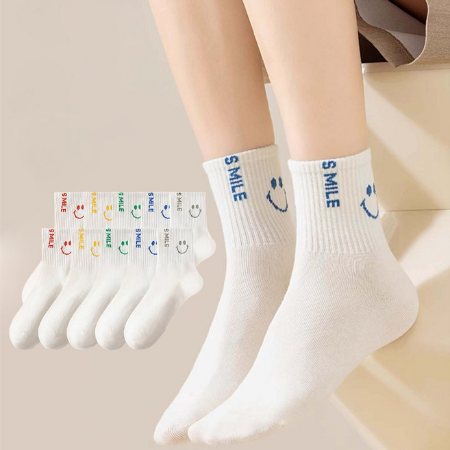 애플민트 여성 중목 양말 심플 화이트 스마일 포인트