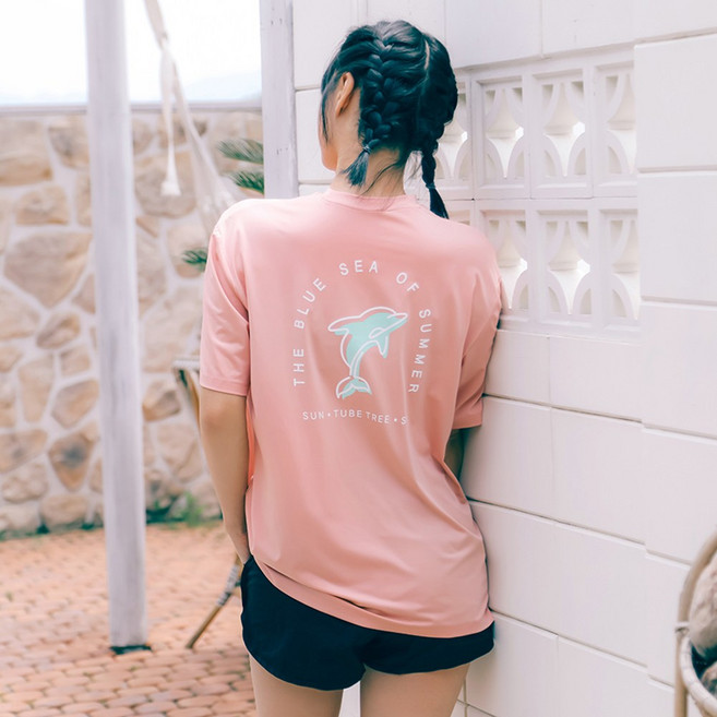 [비치팜]돌핀 여성 반팔 래쉬가드 상의 빅사이즈 비치웨어, 로리핑크