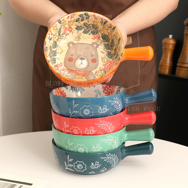 BLOWFISH FUGU 북유럽 캐릭터 손잡이 그릇 라면 그릇냉면 그릇 세트/도자기 손잡이 그릇, 불곰+ 미록+방울토끼+긴귀토끼+알파카입니다, 1세트