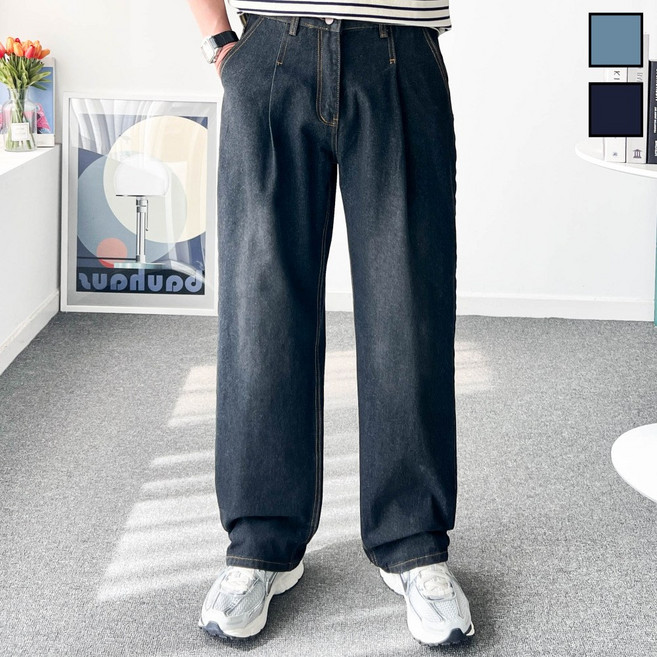 놈시크 남자 와이드 청바지 테이퍼드핏 핀턱 롱 데님 팬츠